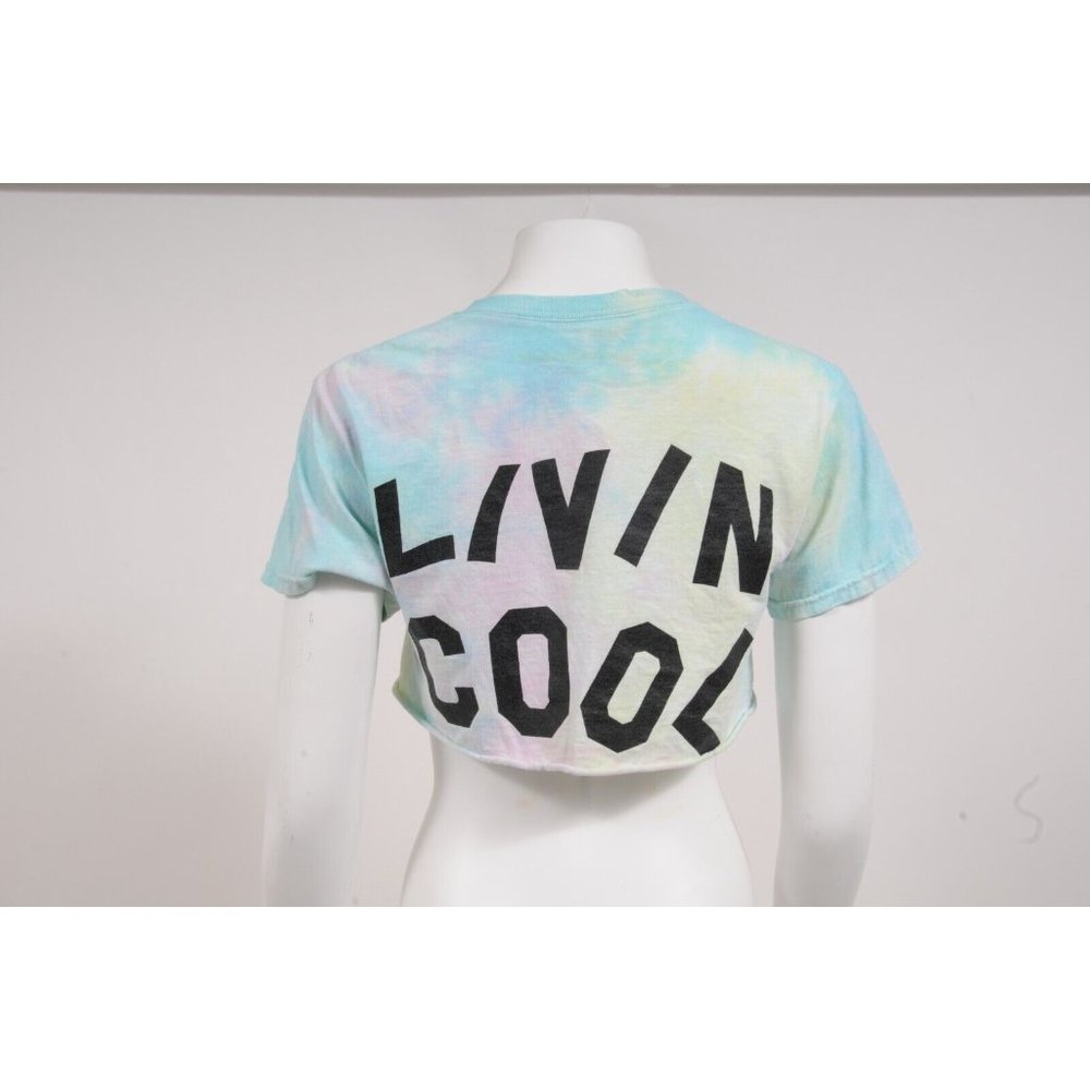 Livin Cool Womens Crop Top Size Small Blue Yellow Tie Dye Cotton T Shirt Raw Hem - Picture 5 of 7